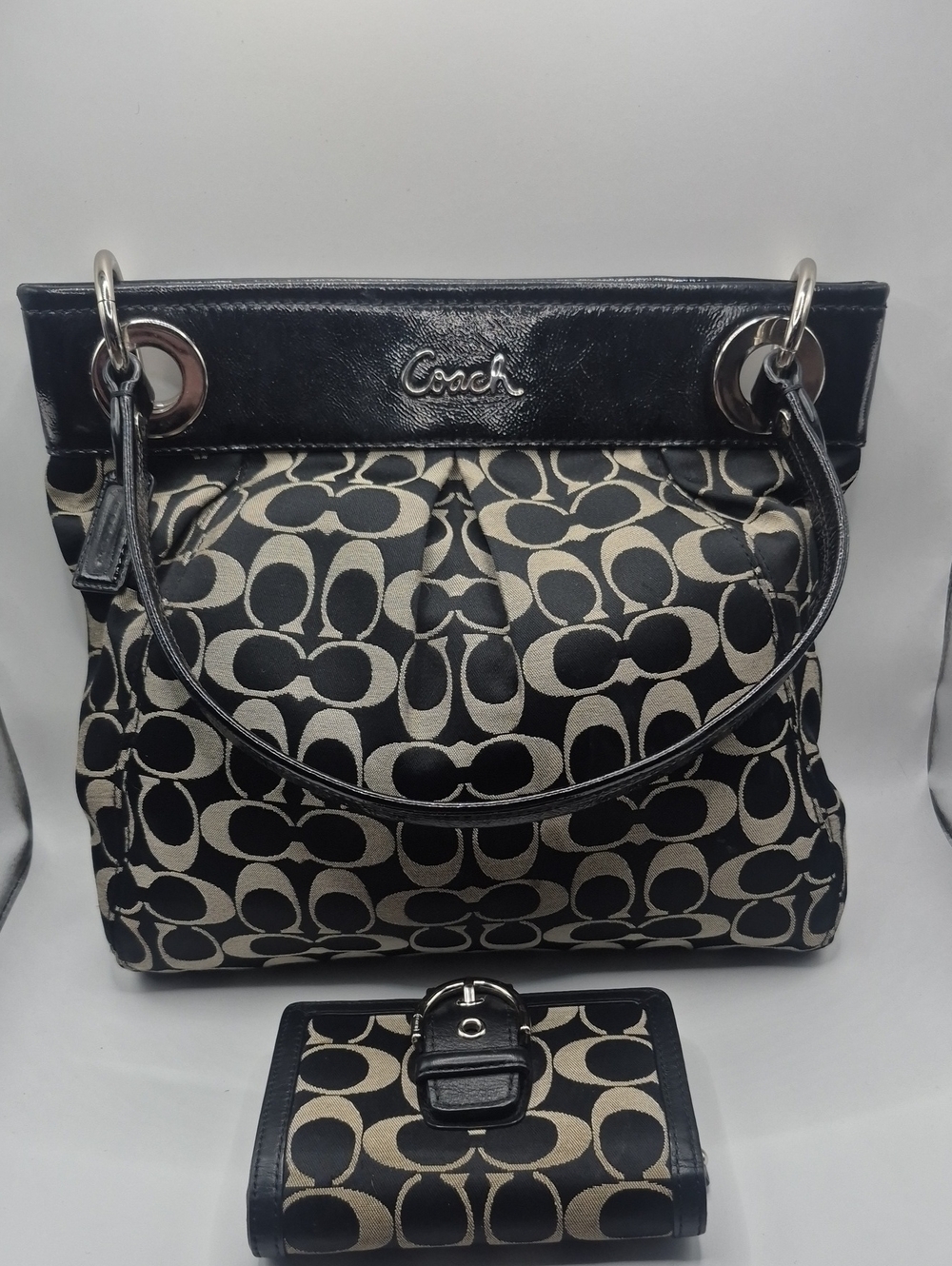 Coach Ashley Black & Gray Signature Jacquard Hobo/Crossbody Bag/Wallet VINTAGE